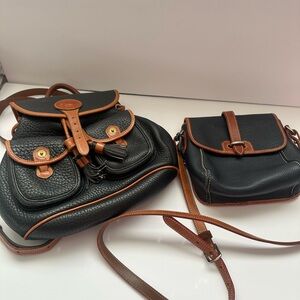 Bundled dark blue Pebbled Leather Crossbody Bag with Tan Trim and backpack